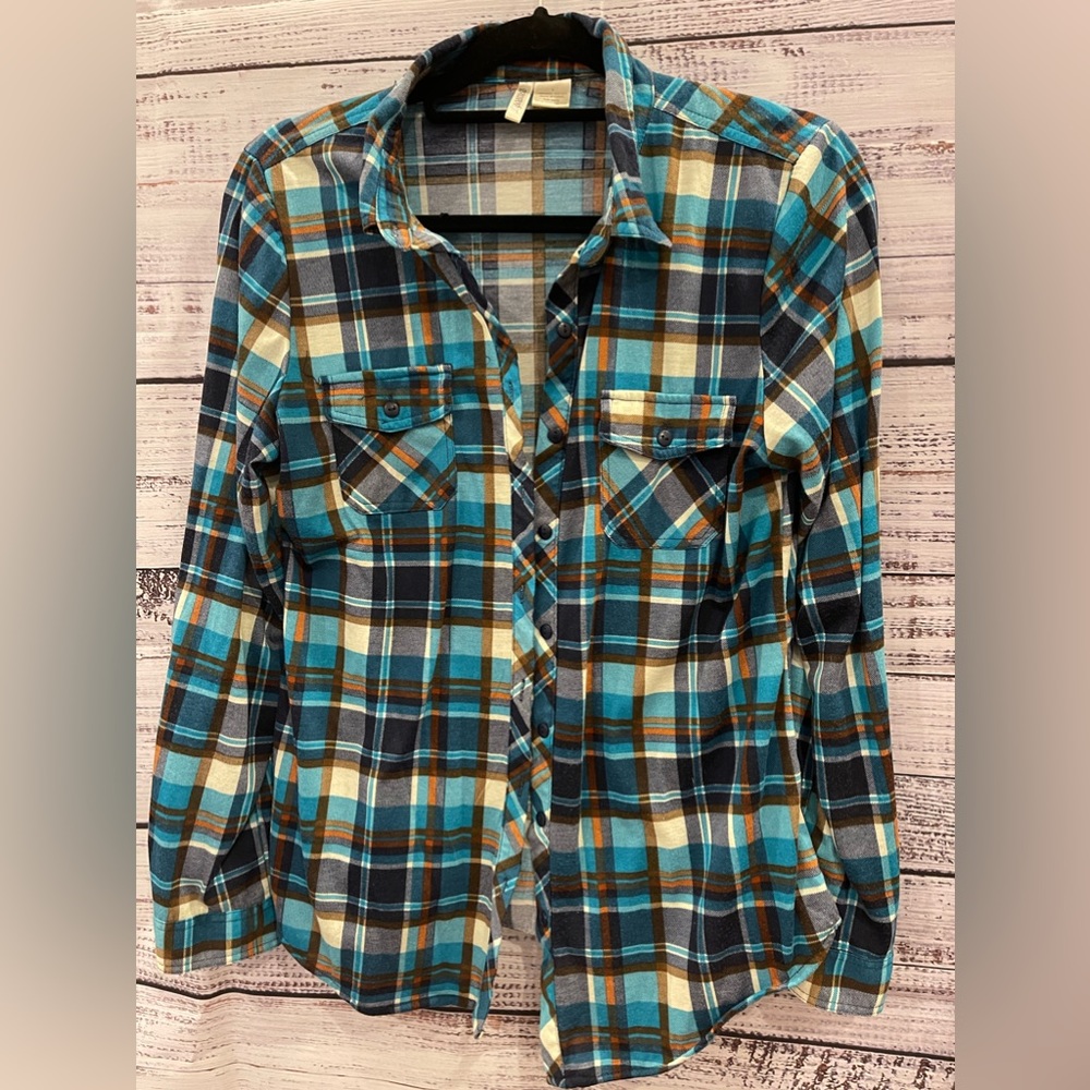 Passport lightweight flannel shirt with turquoise, navy, white orange,